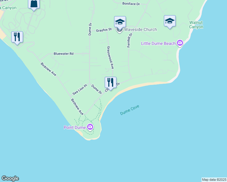 map of restaurants, bars, coffee shops, grocery stores, and more near 29122 Cliffside Drive in Malibu