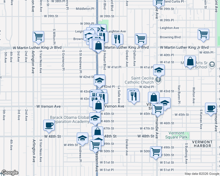 map of restaurants, bars, coffee shops, grocery stores, and more near 4224 South Harvard Boulevard in Los Angeles
