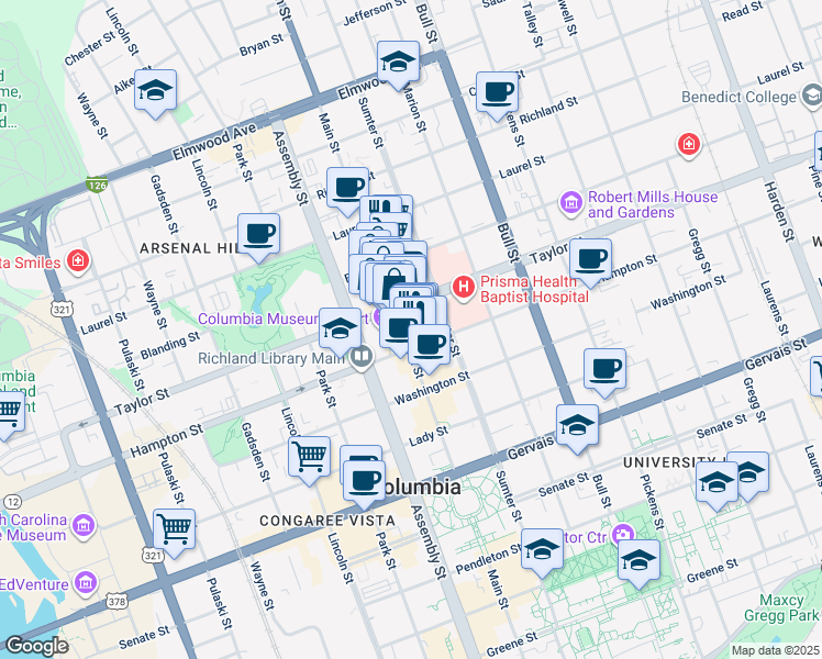 map of restaurants, bars, coffee shops, grocery stores, and more near 1545 Main Street in Columbia