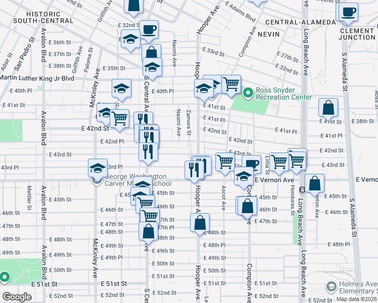 map of restaurants, bars, coffee shops, grocery stores, and more near 1241 East 43rd Street in Los Angeles