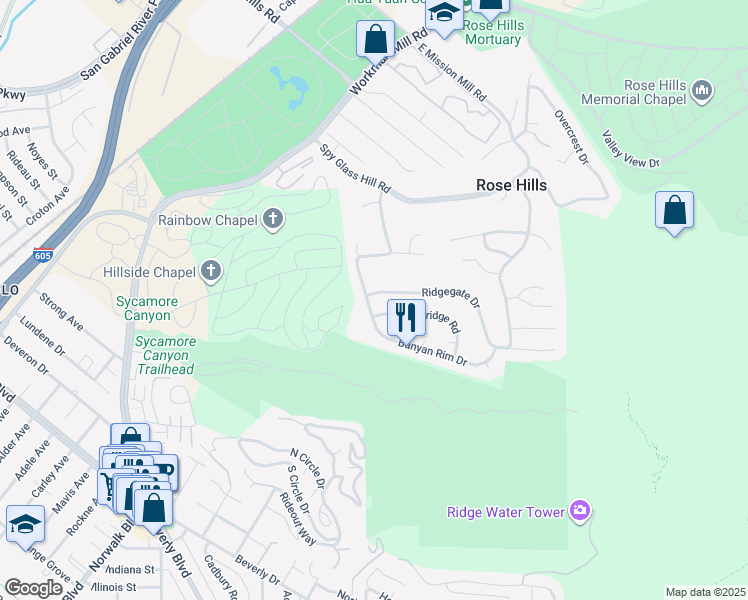 map of restaurants, bars, coffee shops, grocery stores, and more near 4706 Silver Tip Drive in Whittier