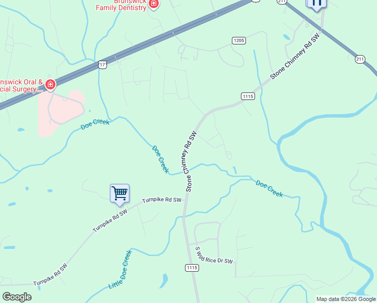 map of restaurants, bars, coffee shops, grocery stores, and more near 456 Stone Chimney Road Southwest in Brunswick County