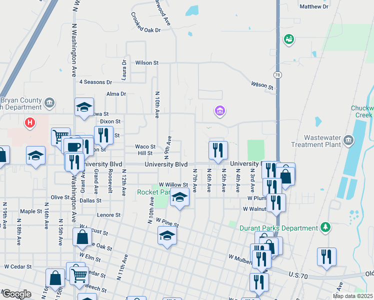map of restaurants, bars, coffee shops, grocery stores, and more near 1424 North 8th Avenue in Durant