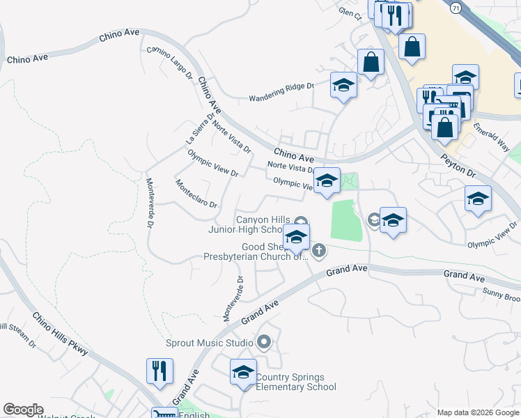 map of restaurants, bars, coffee shops, grocery stores, and more near 13593 Monte Royale Drive in Chino Hills
