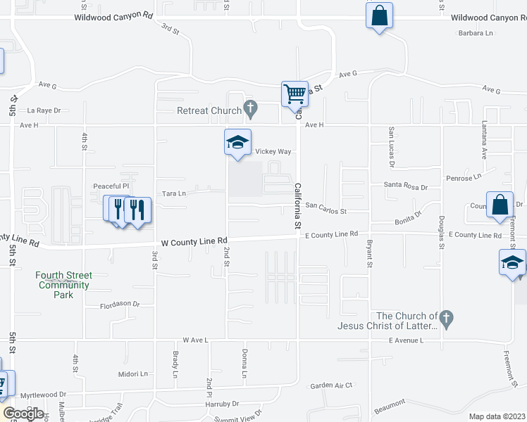 map of restaurants, bars, coffee shops, grocery stores, and more near 35005 San Carlos Street in Yucaipa