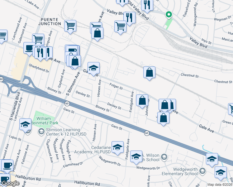 map of restaurants, bars, coffee shops, grocery stores, and more near 1125 Glenelder Avenue in Hacienda Heights