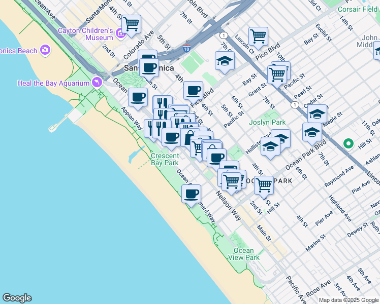 map of restaurants, bars, coffee shops, grocery stores, and more near 2101 Main Street in Santa Monica
