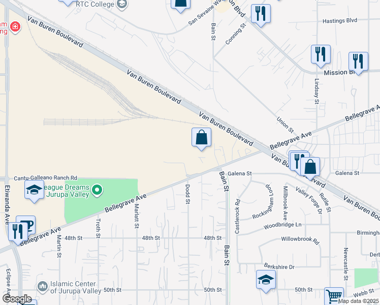 map of restaurants, bars, coffee shops, grocery stores, and more near 10274 Birtcher Drive in Jurupa Valley