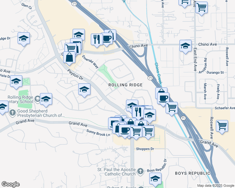 map of restaurants, bars, coffee shops, grocery stores, and more near 13574 Whispering Willow in Chino Hills