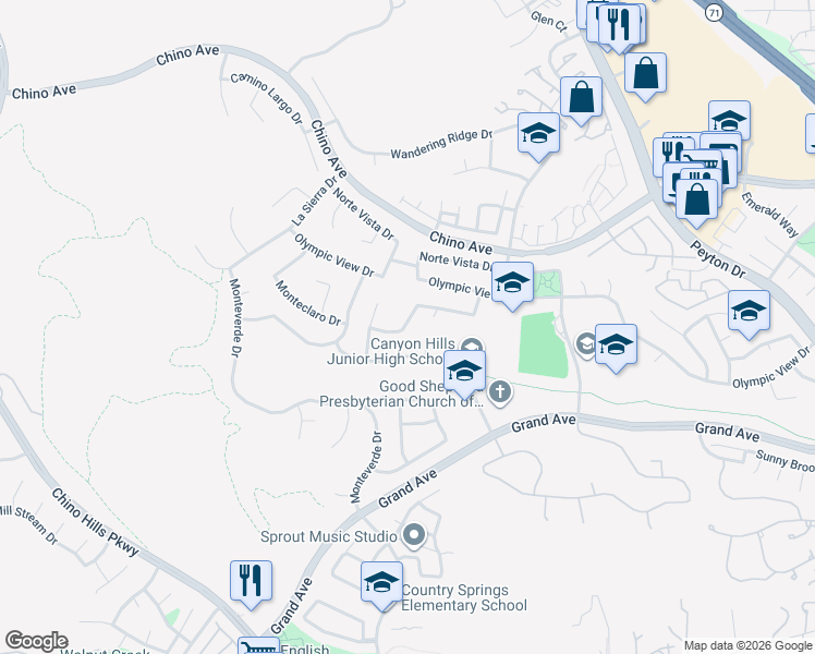map of restaurants, bars, coffee shops, grocery stores, and more near 13593 Monte Royale Drive in Chino Hills