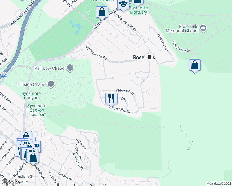 map of restaurants, bars, coffee shops, grocery stores, and more near 11409 Ridgegate Drive in Whittier