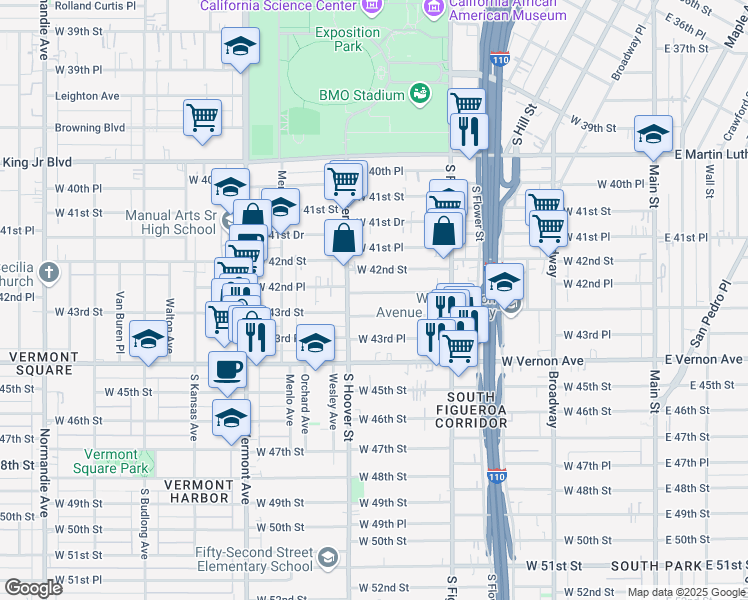 map of restaurants, bars, coffee shops, grocery stores, and more near 706 West 42nd Place in Los Angeles
