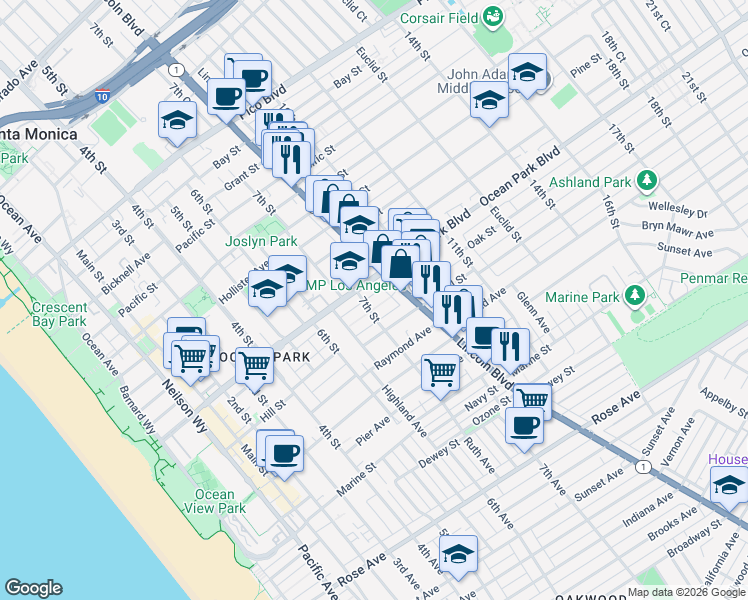 map of restaurants, bars, coffee shops, grocery stores, and more near 2624 Lincoln Boulevard in Santa Monica