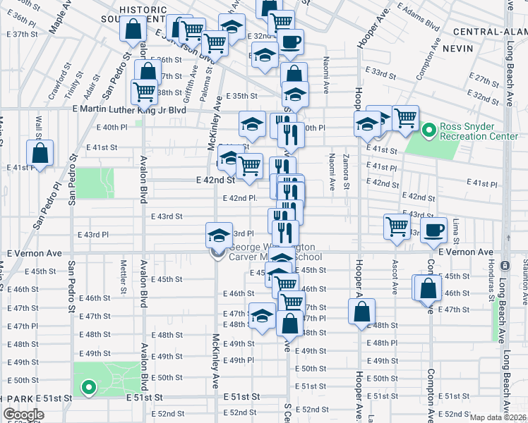 map of restaurants, bars, coffee shops, grocery stores, and more near 1009 East 43rd Street in Los Angeles