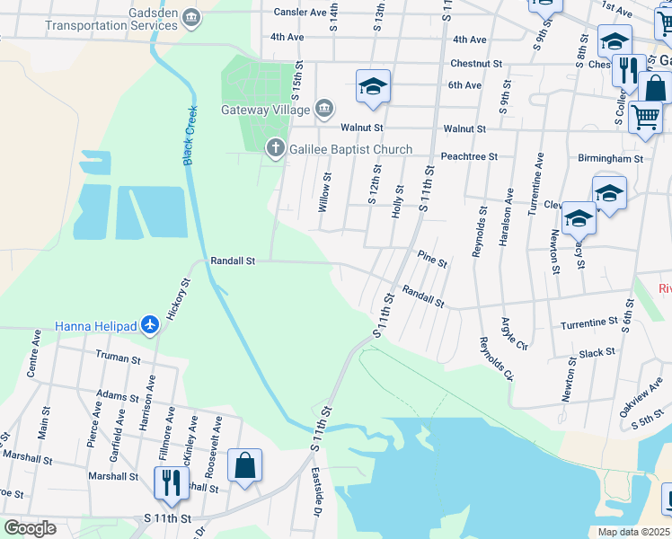 map of restaurants, bars, coffee shops, grocery stores, and more near 1209 Randall Street in Gadsden