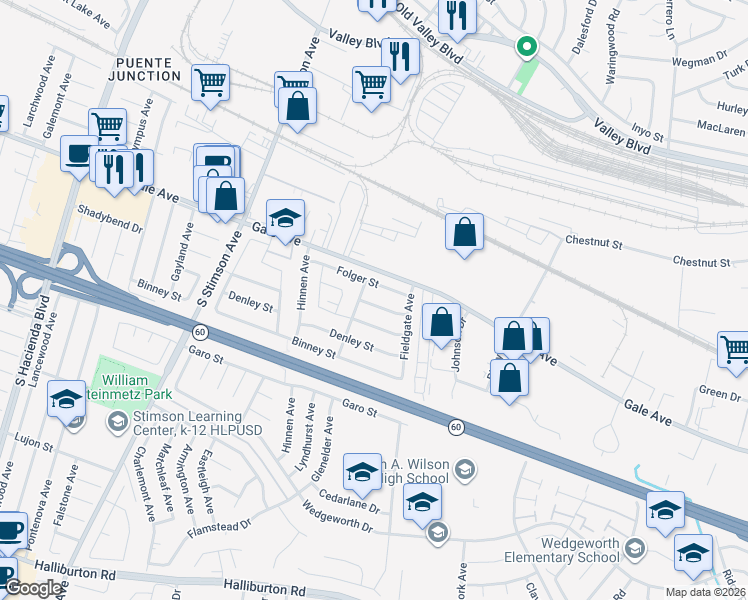 map of restaurants, bars, coffee shops, grocery stores, and more near 16302 Folger Street in Hacienda Heights