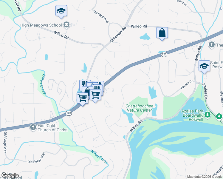 map of restaurants, bars, coffee shops, grocery stores, and more near 4016 Edgecomb Drive in Roswell