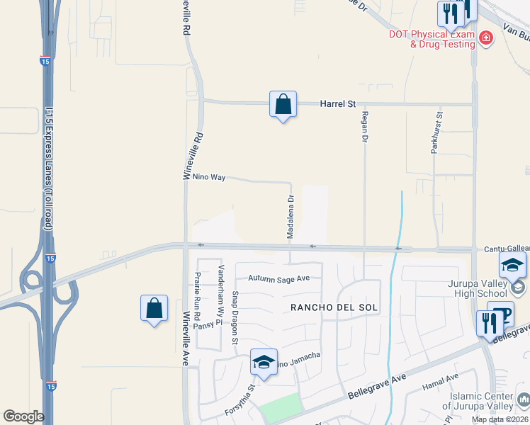 map of restaurants, bars, coffee shops, grocery stores, and more near 11625A Nino Way in Jurupa Valley