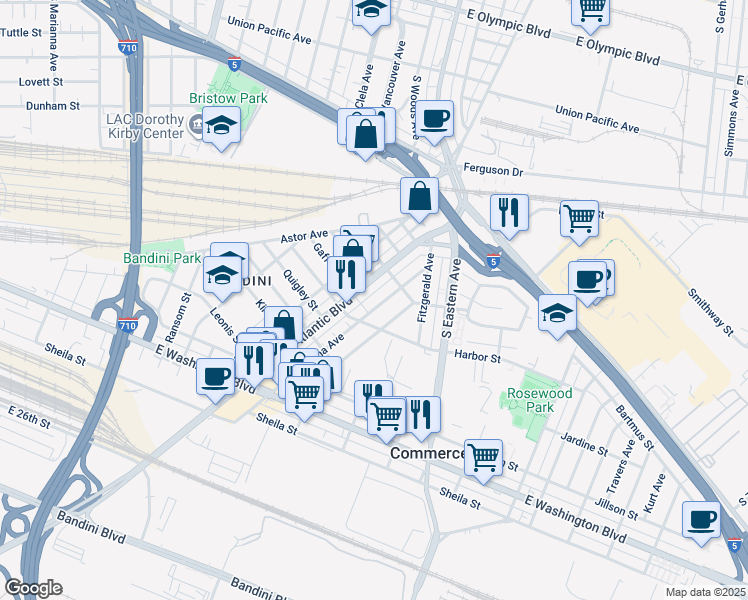 map of restaurants, bars, coffee shops, grocery stores, and more near 2180 South Atlantic Boulevard in Commerce