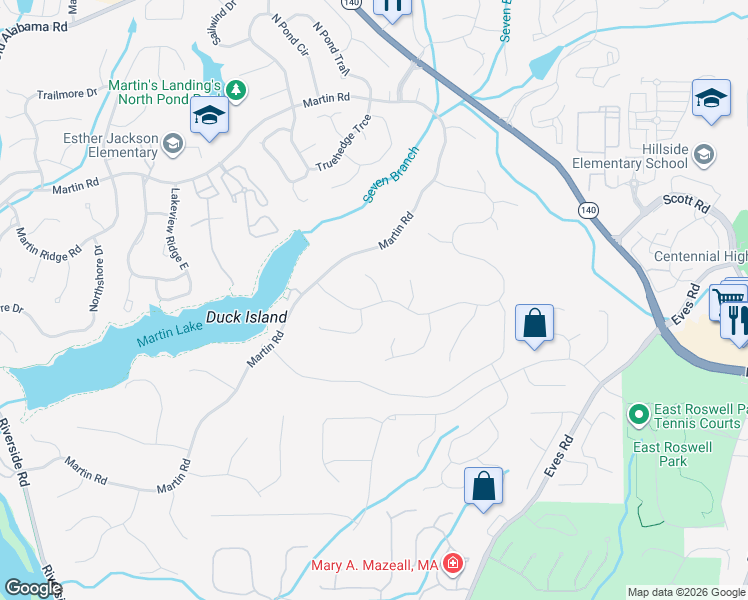 map of restaurants, bars, coffee shops, grocery stores, and more near 2240 Six Branches Drive in Roswell