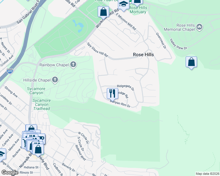map of restaurants, bars, coffee shops, grocery stores, and more near 11338 Ridgegate Drive in Whittier