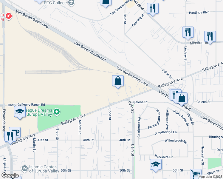 map of restaurants, bars, coffee shops, grocery stores, and more near 10274 Birtcher Drive in Jurupa Valley