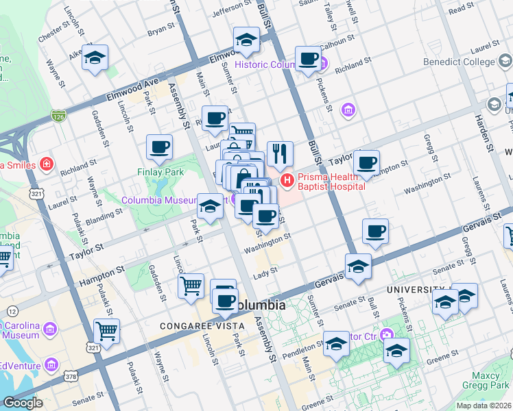 map of restaurants, bars, coffee shops, grocery stores, and more near 1519 Sumter Street in Columbia