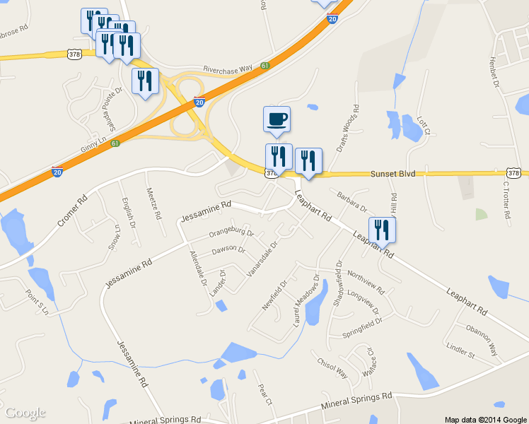 map of restaurants, bars, coffee shops, grocery stores, and more near 3971 Southeastern Way in West Columbia