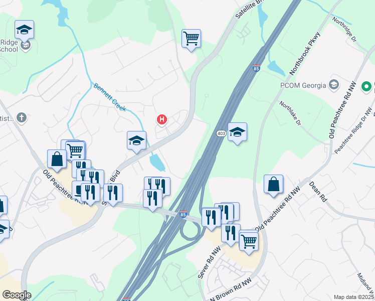 map of restaurants, bars, coffee shops, grocery stores, and more near 1340 Satellite Boulevard in Suwanee