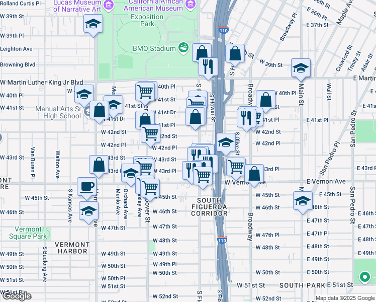 map of restaurants, bars, coffee shops, grocery stores, and more near 533 West 42nd Place in Los Angeles