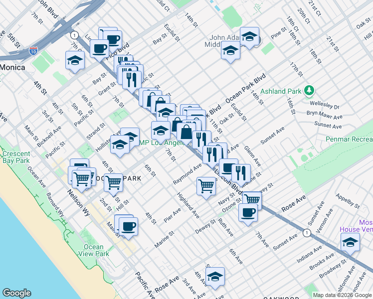 map of restaurants, bars, coffee shops, grocery stores, and more near 2640 Lincoln Boulevard in Santa Monica