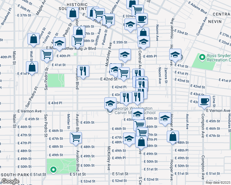 map of restaurants, bars, coffee shops, grocery stores, and more near 894 East 42nd Place in Los Angeles
