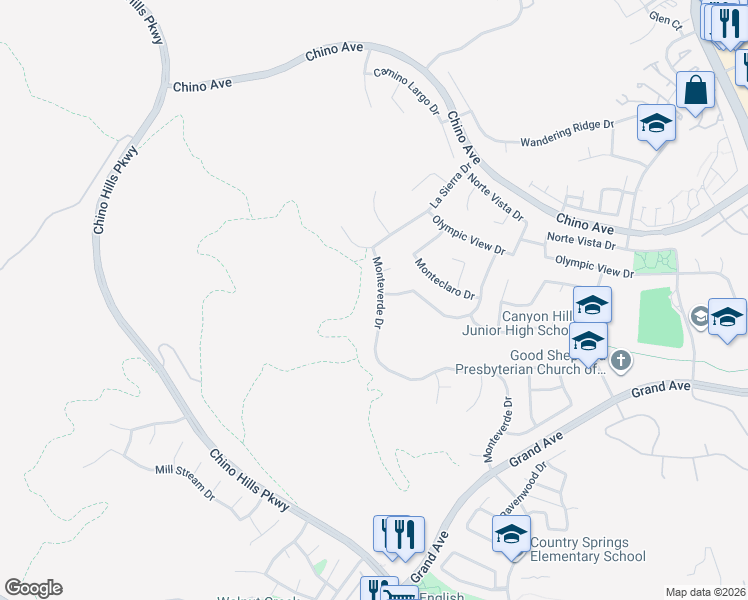 map of restaurants, bars, coffee shops, grocery stores, and more near 13638 Monteverde Drive in Chino Hills