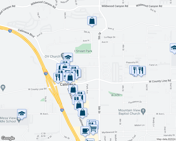 map of restaurants, bars, coffee shops, grocery stores, and more near 34205 Avenue J in Yucaipa