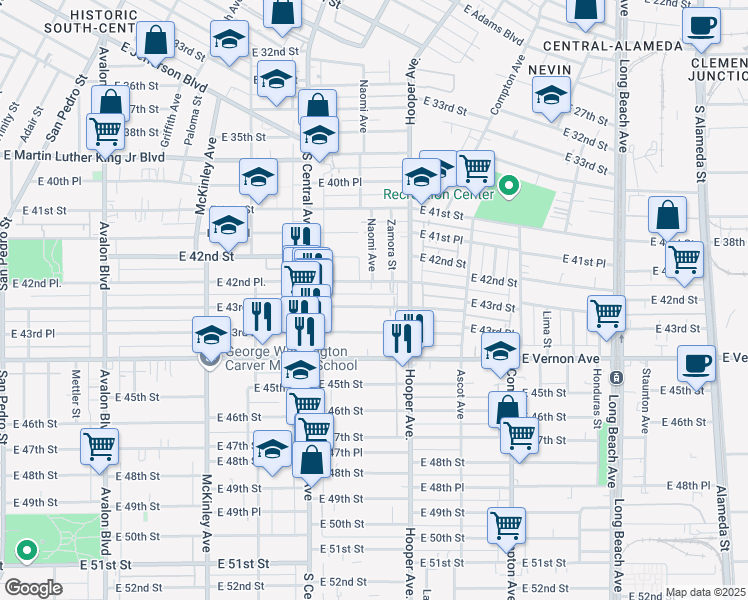 map of restaurants, bars, coffee shops, grocery stores, and more near 1212 East 42nd Place in Los Angeles