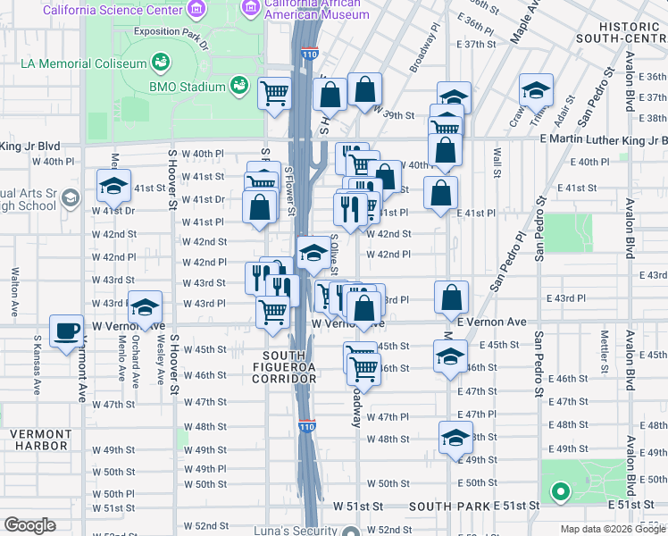 map of restaurants, bars, coffee shops, grocery stores, and more near 4231 South Olive Street in Los Angeles
