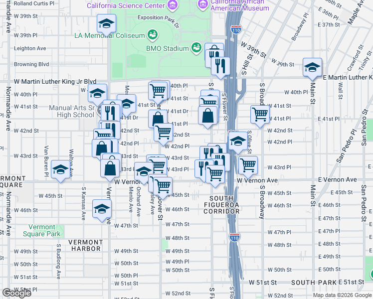 map of restaurants, bars, coffee shops, grocery stores, and more near 637 West 42nd Place in Los Angeles
