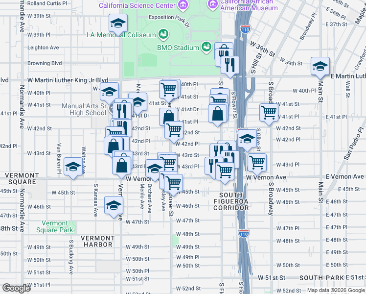 map of restaurants, bars, coffee shops, grocery stores, and more near 637 West 42nd Place in Los Angeles