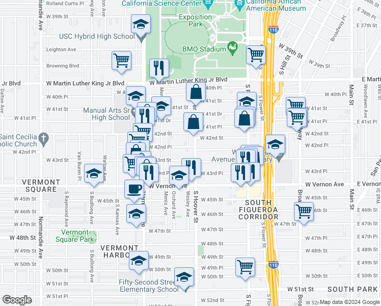 map of restaurants, bars, coffee shops, grocery stores, and more near 4216 South Hoover Street in Los Angeles