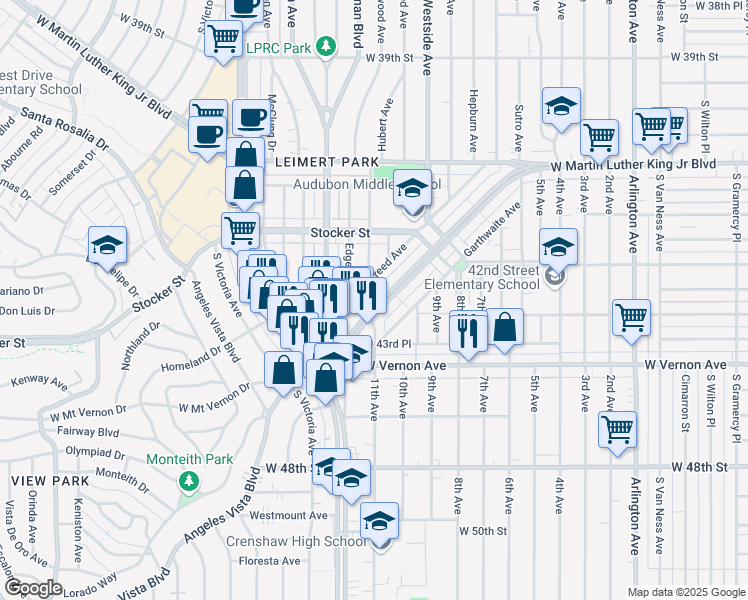 map of restaurants, bars, coffee shops, grocery stores, and more near 4273 Leimert Boulevard in Los Angeles