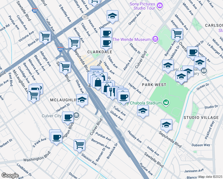 map of restaurants, bars, coffee shops, grocery stores, and more near 4178 Commonwealth Avenue in Culver City