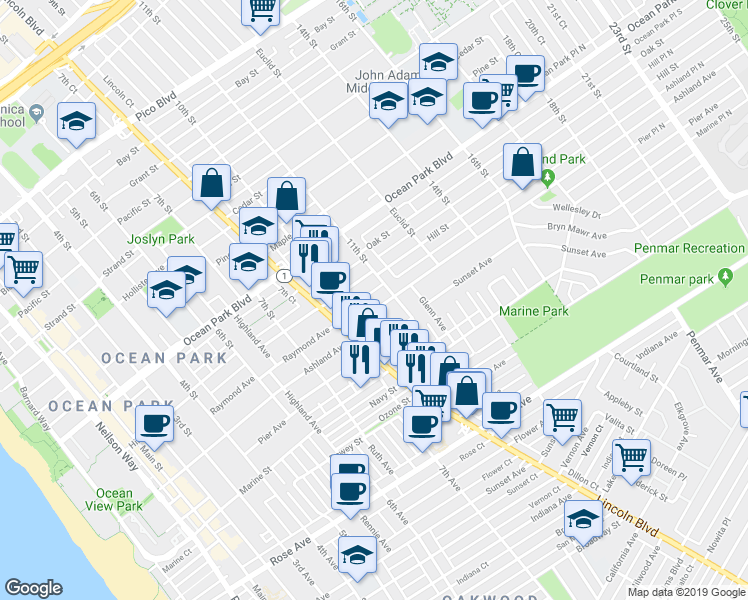 map of restaurants, bars, coffee shops, grocery stores, and more near 1018 Hill Street in Santa Monica