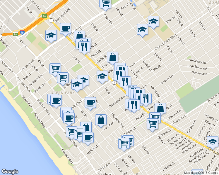 map of restaurants, bars, coffee shops, grocery stores, and more near 2624 Lincoln Boulevard in Santa Monica