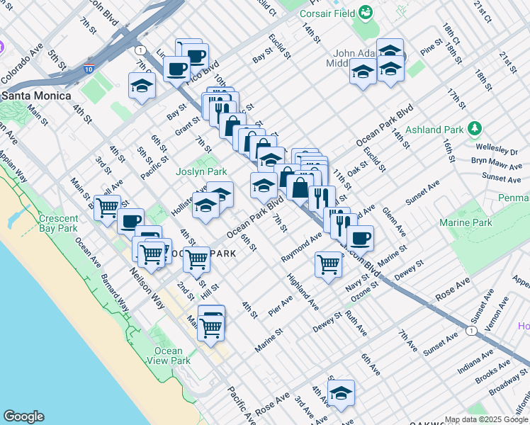 map of restaurants, bars, coffee shops, grocery stores, and more near 711 Ocean Park Boulevard in Santa Monica