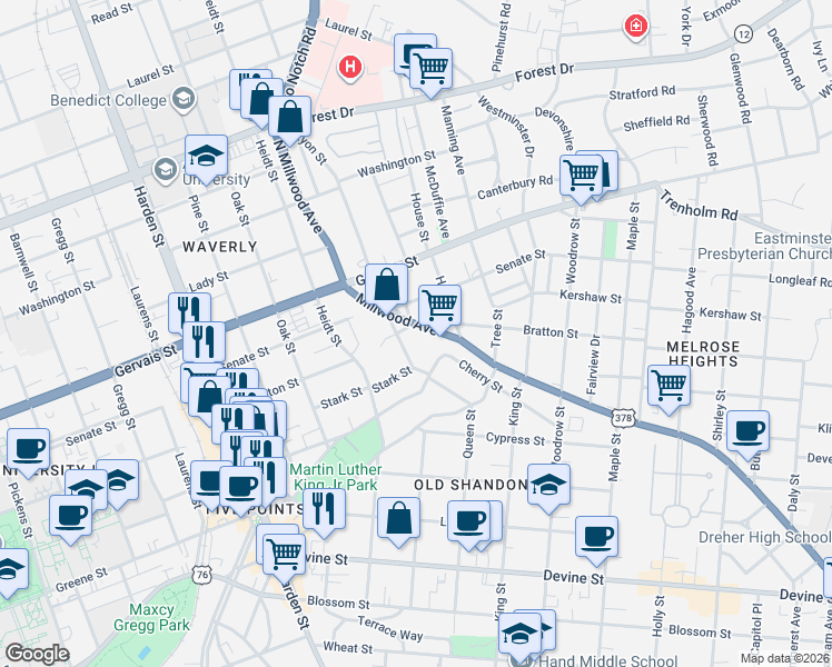 map of restaurants, bars, coffee shops, grocery stores, and more near 2459 Millwood Avenue in Columbia