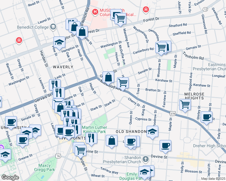 map of restaurants, bars, coffee shops, grocery stores, and more near 2459 Millwood Avenue in Columbia