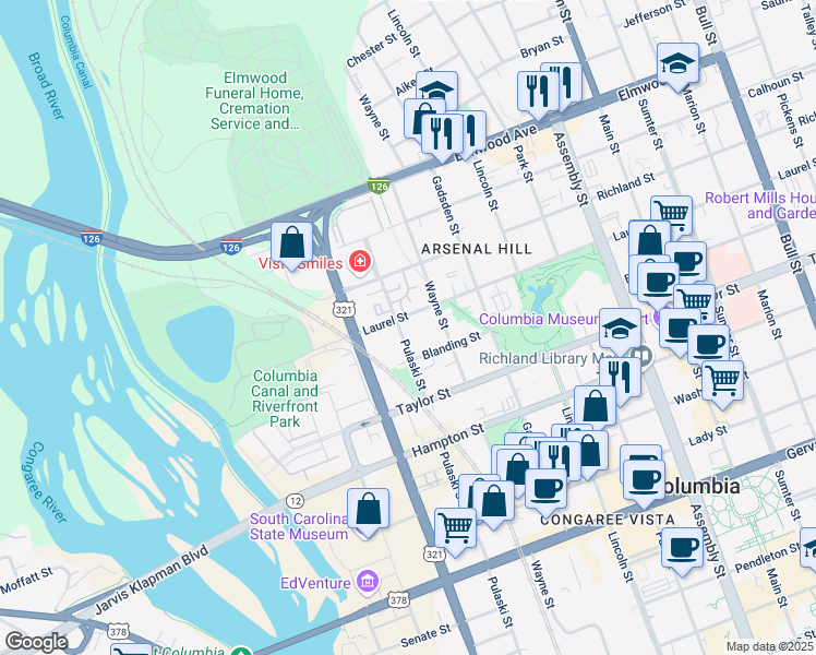 map of restaurants, bars, coffee shops, grocery stores, and more near 607 Laurel Street in Columbia