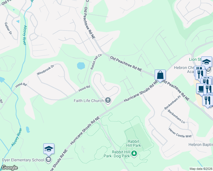 map of restaurants, bars, coffee shops, grocery stores, and more near 2033 Shoals Bend Way in Dacula