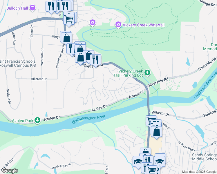 map of restaurants, bars, coffee shops, grocery stores, and more near 206 Warm Springs Circle in Roswell