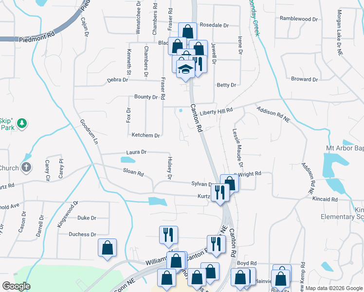 map of restaurants, bars, coffee shops, grocery stores, and more near 2297 Canton Road in Marietta